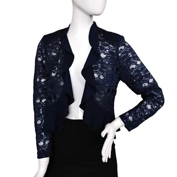R&M Lace Sequins Open Cardigan Size Small Dark Blue Long Sleeve Ruffle - Picture 1 of 9